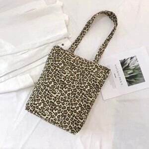 Leopard Print Tote Soft Cotton Canvas Zipper Light Shopping Bag NEW